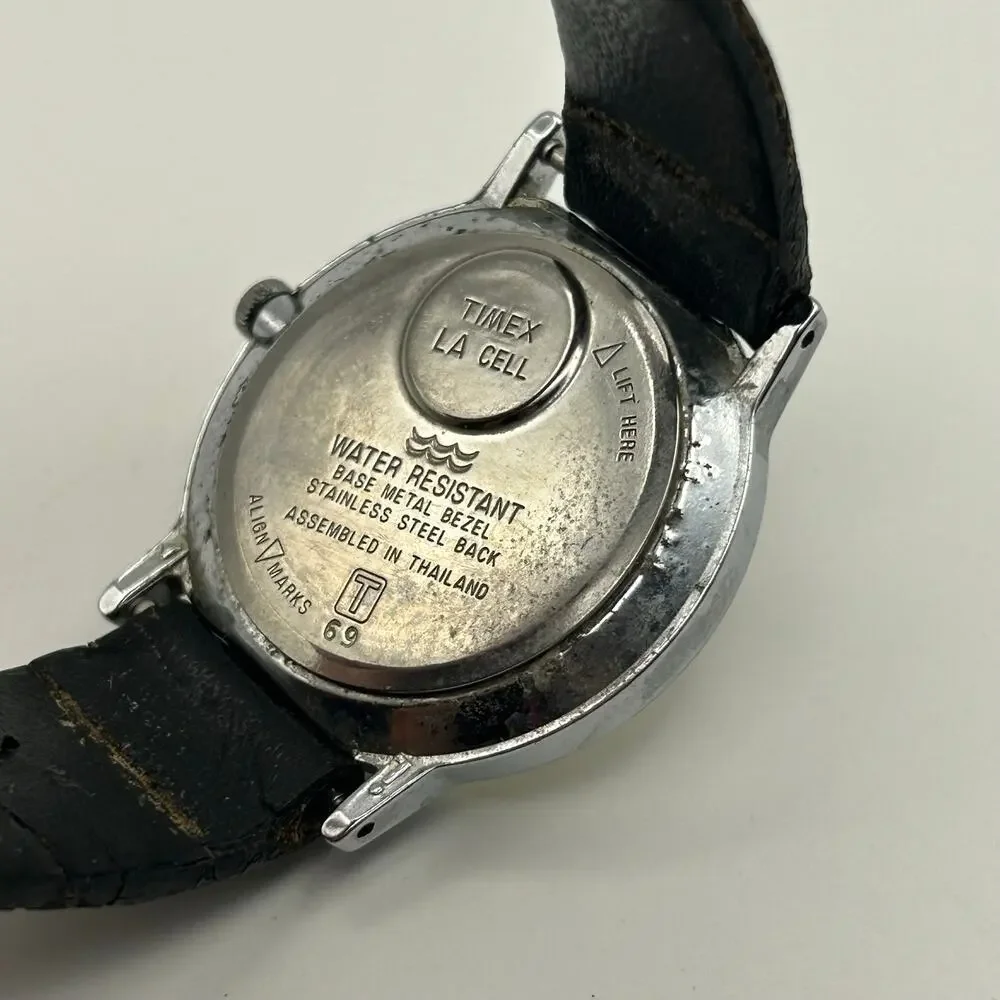 Vintage Timex Silver-tone Black Leather Strap Quartz Watch Working New Battery